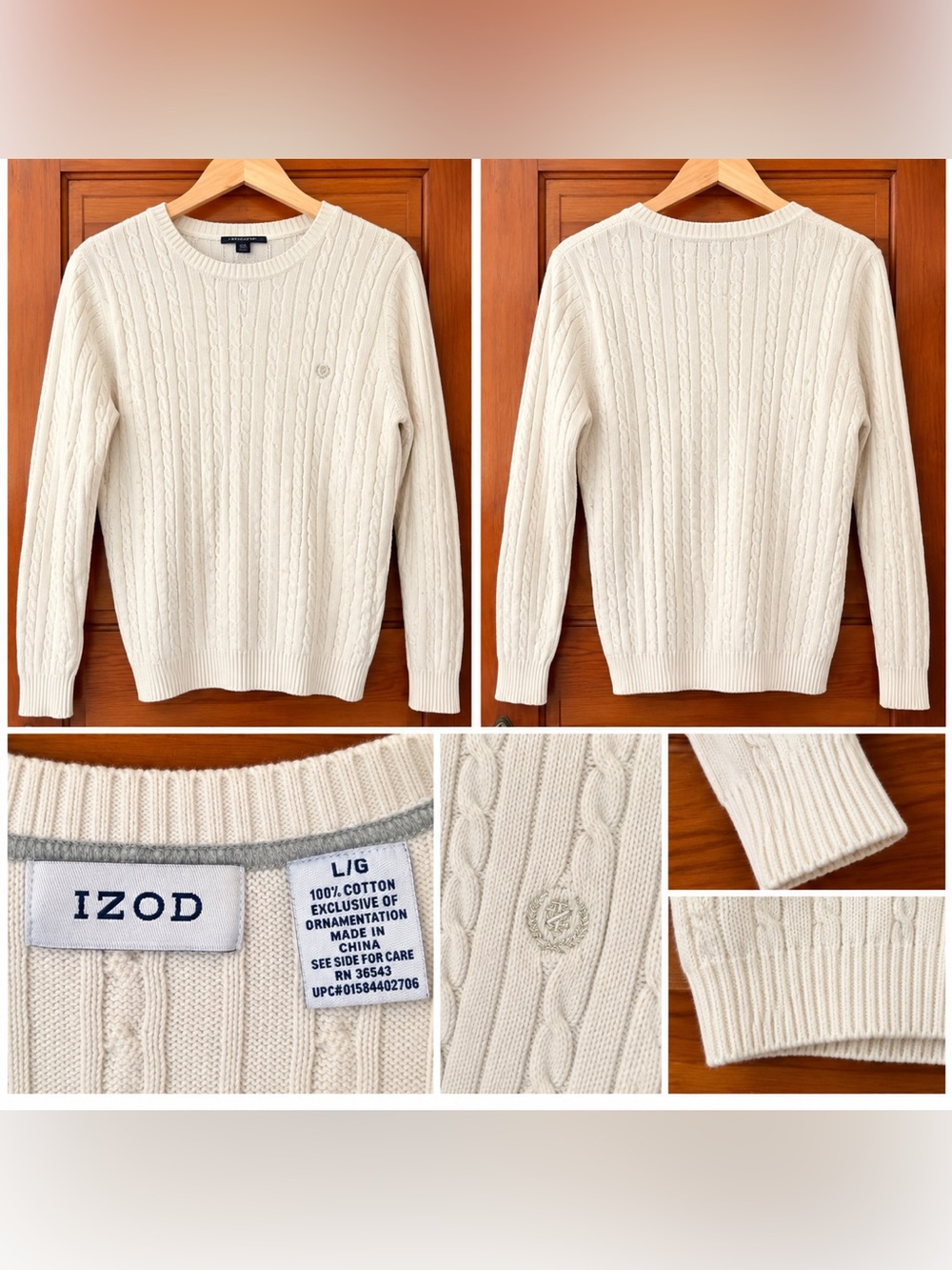 IZOD Women’s Ivory Cable Knit Cotton Sweater Size Large Classic Preppy